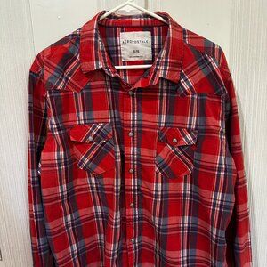 Aeropostale Men’s XL Plaid Snap Button Long Sleeve Shirt Red, White and Blue